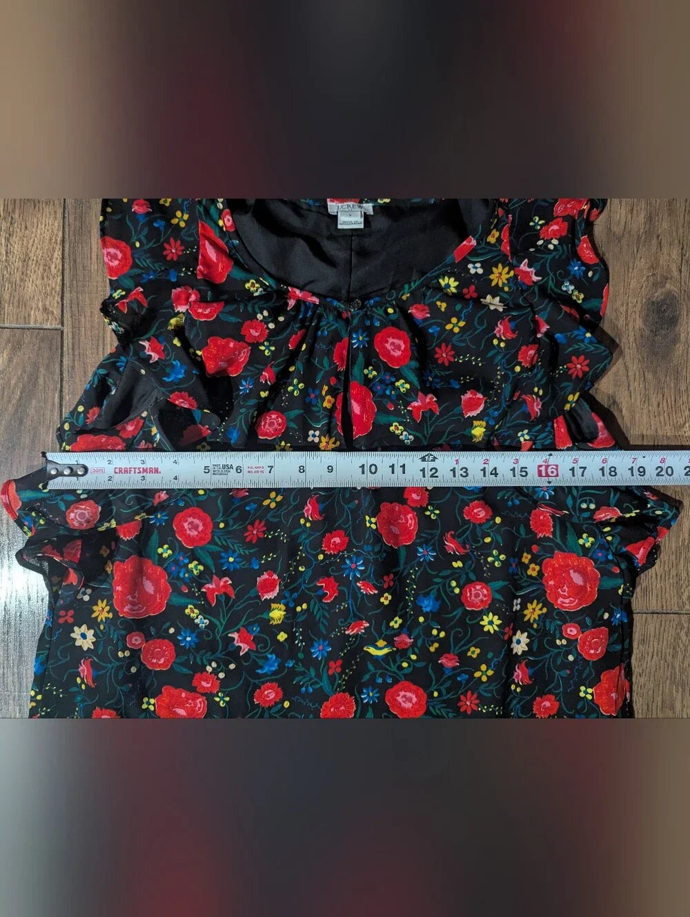 J Crew Black w/ Vibrant Red & Yellow Floral Print Flutter Mini Ruffle Dress Sz S